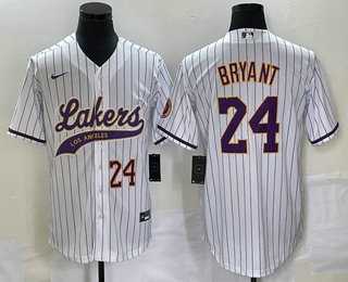 Mens Los Angeles Lakers #24 Kobe Bryant White Pinstripe With Patch Cool Base Stitched Baseball Jersey2